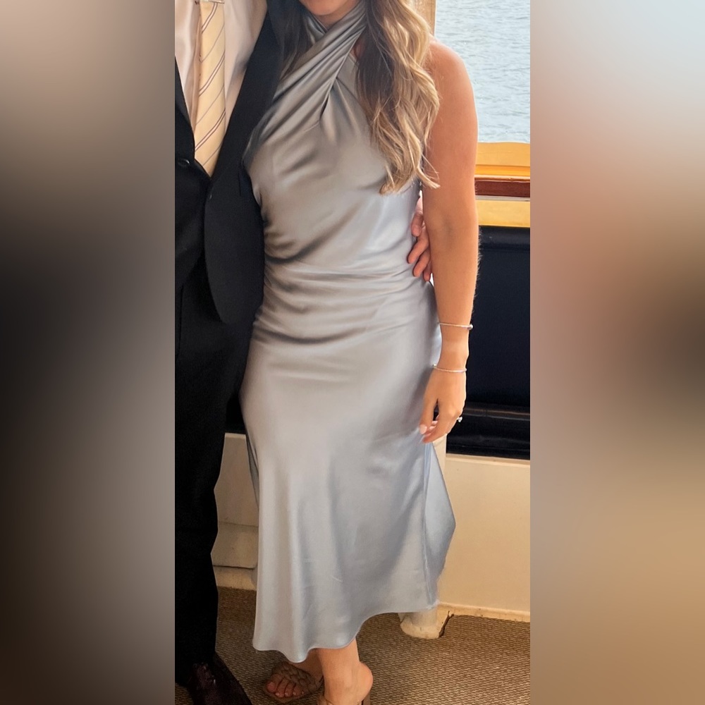 Show Me Your Mumu Jasmine Halter Dress - steel blue satin SMALL